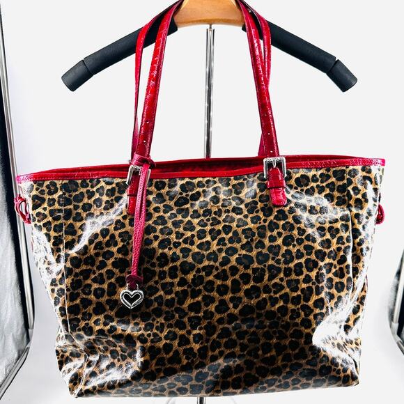 Brighton Leopard Print Tote – Red Croc Trim Shoulder Bag with Heart Charm - Picture 2 of 10